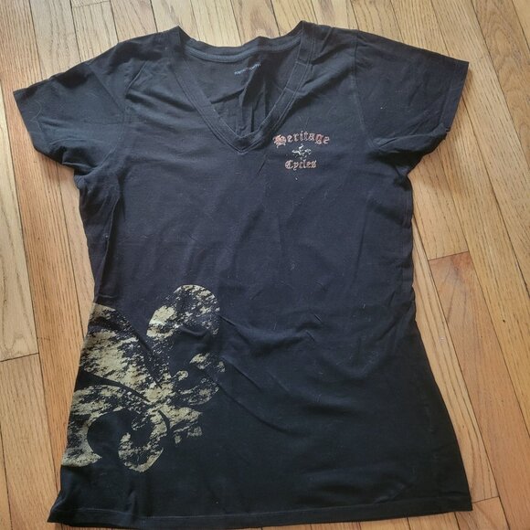 Heritage Cycles Black V-Neck Tee Shirt With Gold Fleur-De-Lis Graphic Womens - Picture 3 of 4
